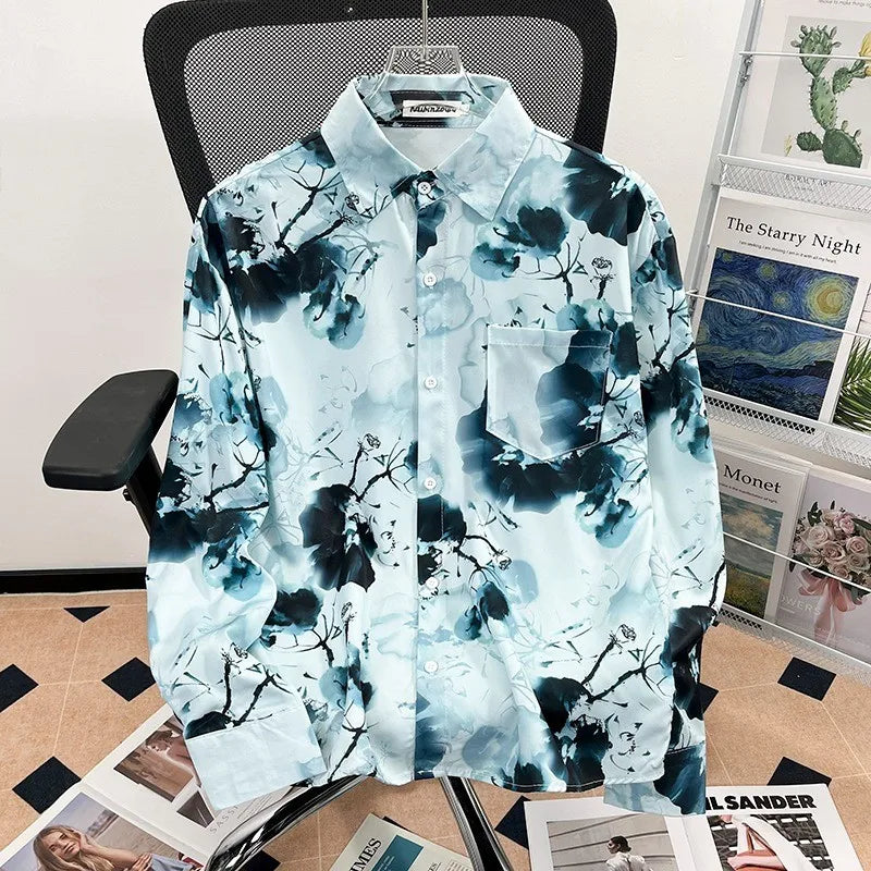 Camisa japonesa Retrô com Flores e Pintura a Óleo