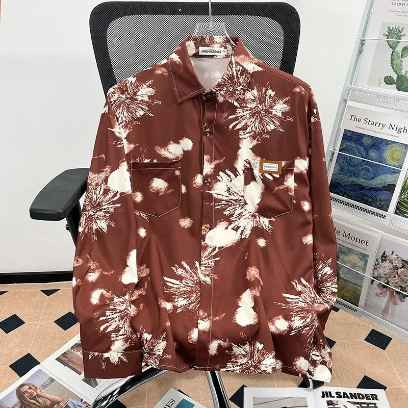 Camisa japonesa Retrô com Flores e Pintura a Óleo