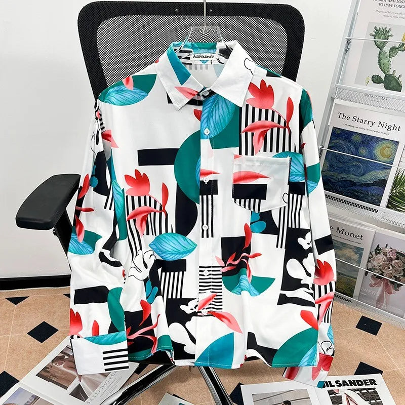 Camisa japonesa Retrô com Flores e Pintura a Óleo