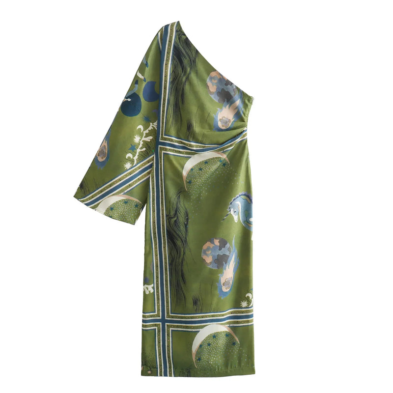 Vestido Assimétrico  Manga Lateral Floral Musgo